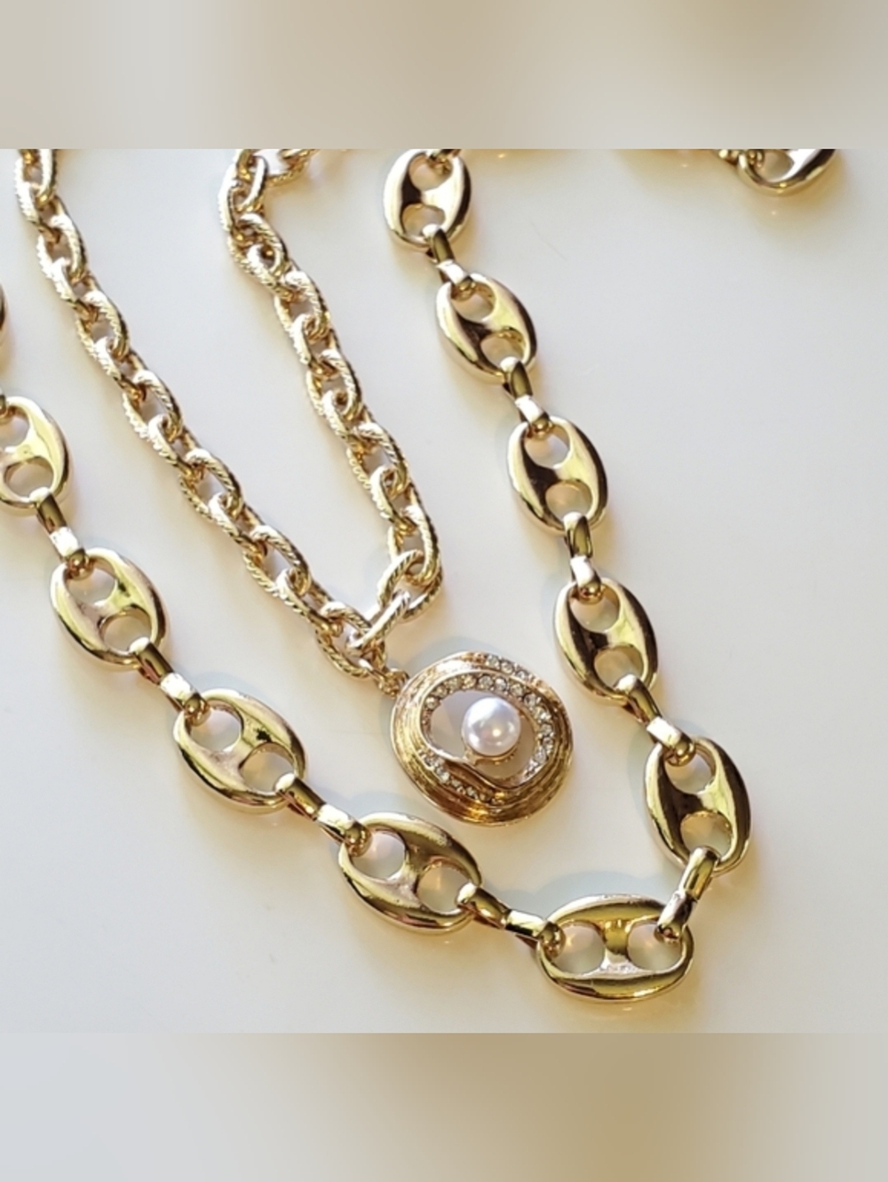 Gold Layered Mariner Link Chain Necklace with Faux Pearl Pendant